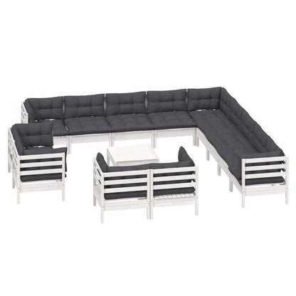 Set Divani da Giardino 14 pz con Cuscini Bianchi Legno di Pino
