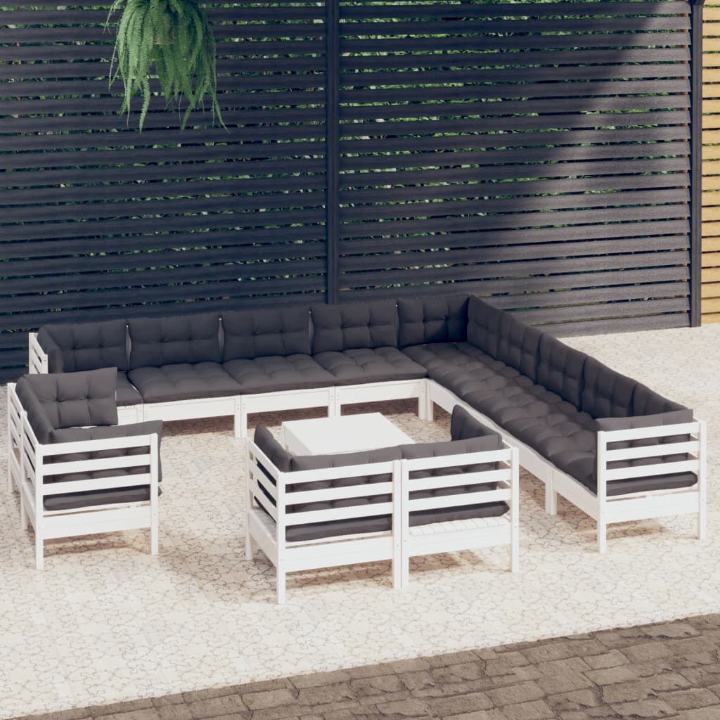 Set Divani da Giardino 14 pz con Cuscini Bianchi Legno di Pino