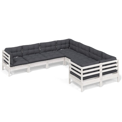 Set Divani da Giardino 8 pz con Cuscini Bianchi Legno di Pino