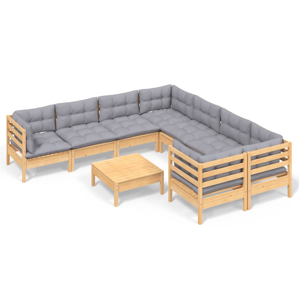 Set Divani da Giardino 9 pz con Cuscini Grigi Massello di Pino