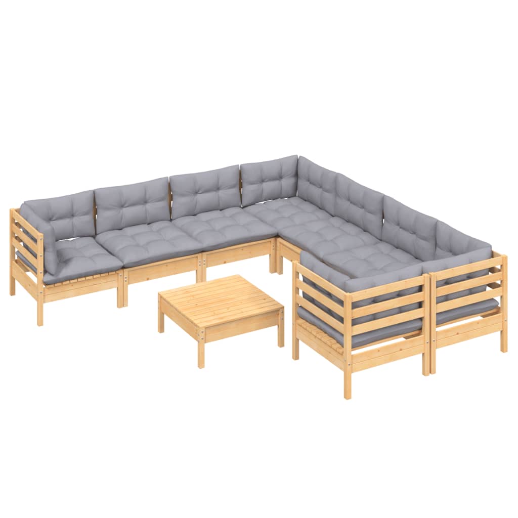 Set Divani da Giardino 9 pz con Cuscini Grigi Massello di Pino