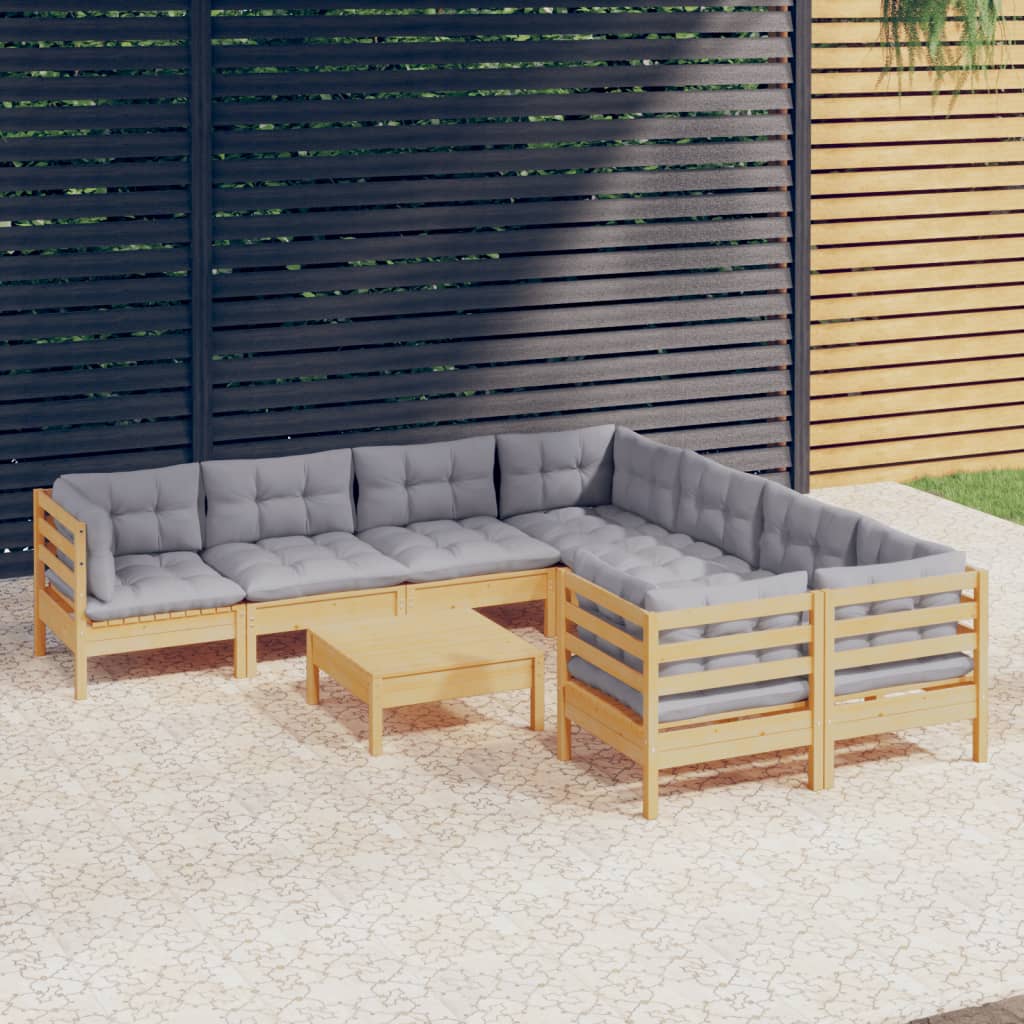 Set Divani da Giardino 9 pz con Cuscini Grigi Massello di Pino