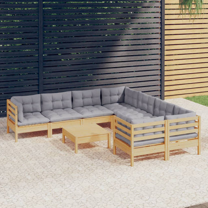 Set Divani da Giardino 9 pz con Cuscini Grigi Massello di Pino