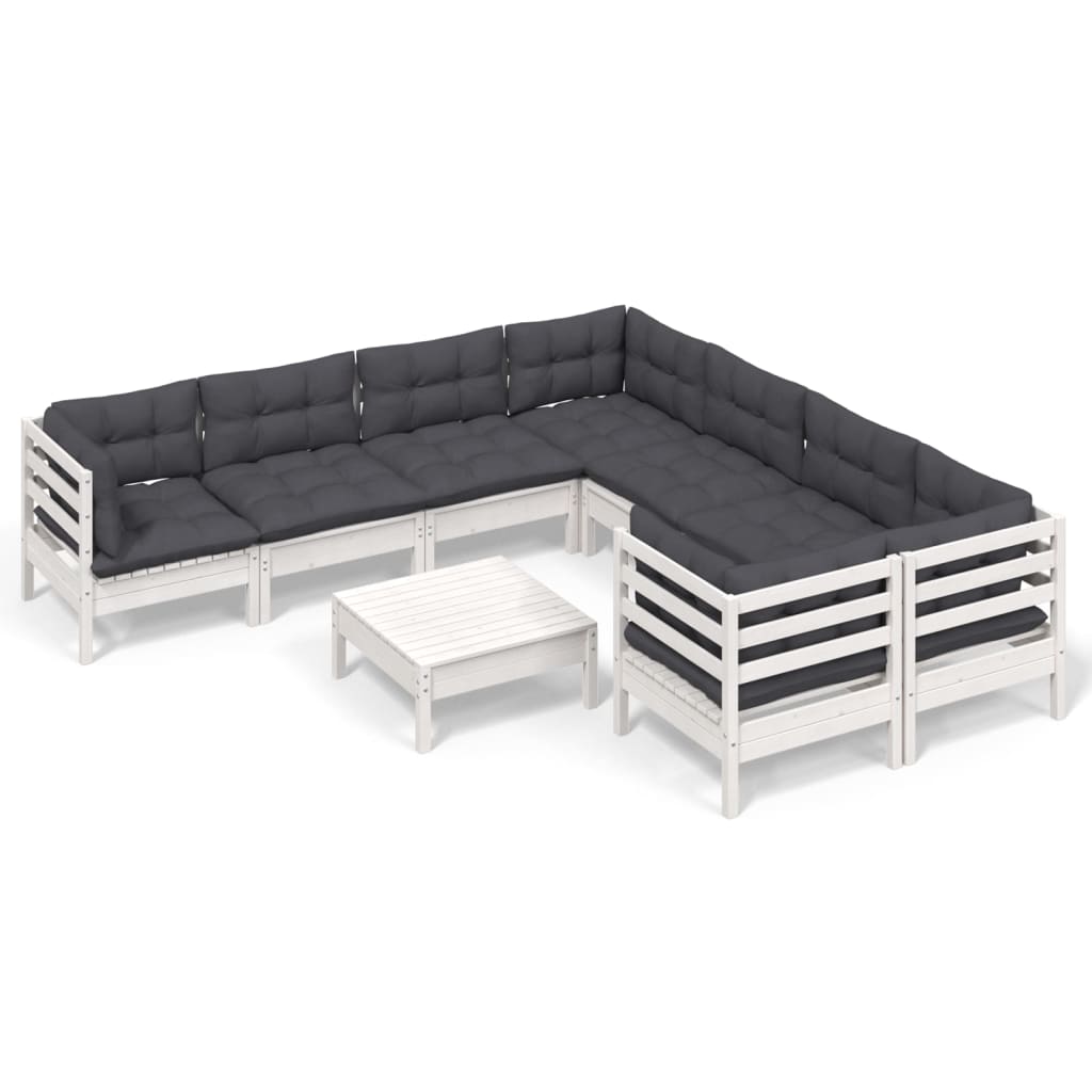 Set Divani da Giardino 9 pz con Cuscini Bianchi in Legno Pino