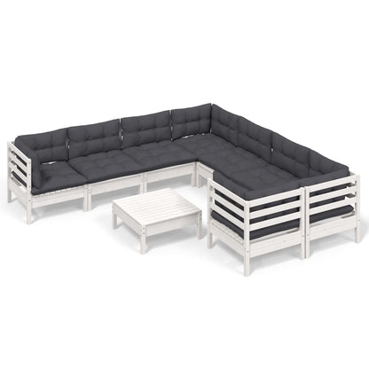 Set Divani da Giardino 9 pz con Cuscini Bianchi in Legno Pino