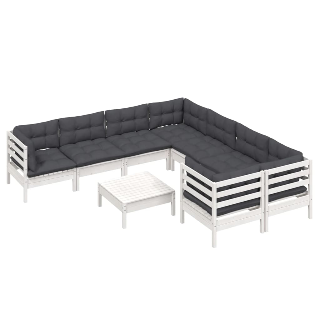 Set Divani da Giardino 9 pz con Cuscini Bianchi in Legno Pino