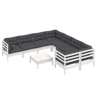 Set Divani da Giardino 9 pz con Cuscini Bianchi in Legno Pino