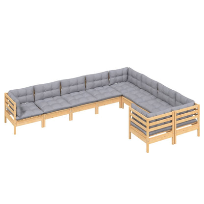 Set Divani da Giardino 9 pz con Cuscini Grigi Massello di Pino
