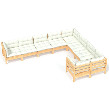 Set Salotto da Giardino 9 pz con Cuscini Crema in Legno di Pino