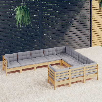 Set Divani da Giardino 10 pz con Cuscini Grigi Massello di Pino