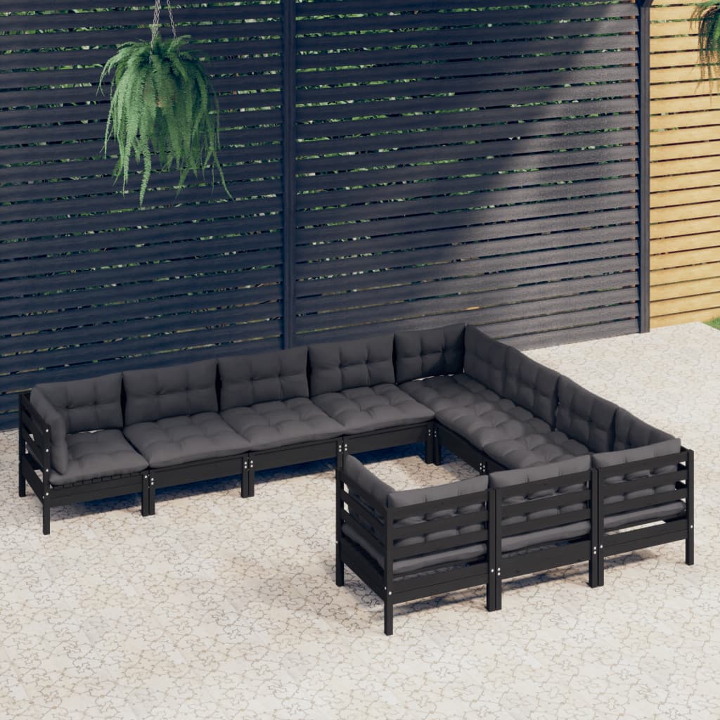 Set Divani da Giardino 10 pz con Cuscini Neri Massello di Pino