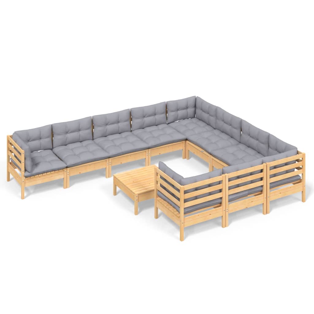 Set Divani da Giardino 11 pz con Cuscini Grigi Massello di Pino