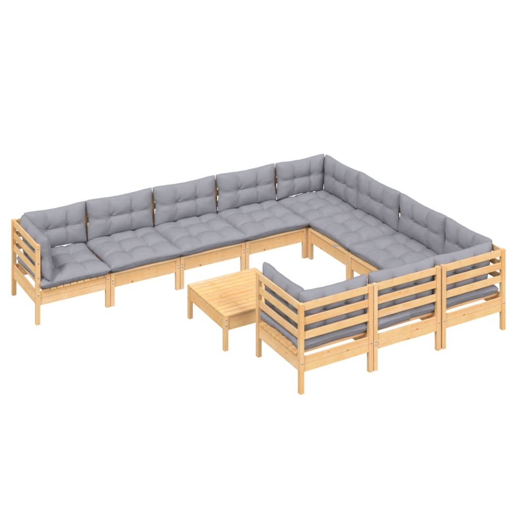 Set Divani da Giardino 11 pz con Cuscini Grigi Massello di Pino