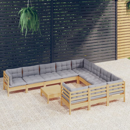 Set Divani da Giardino 11 pz con Cuscini Grigi Massello di Pino