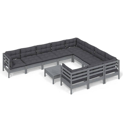 Set Divani da Giardino 11 pz con Cuscini Grigi Massello di Pino