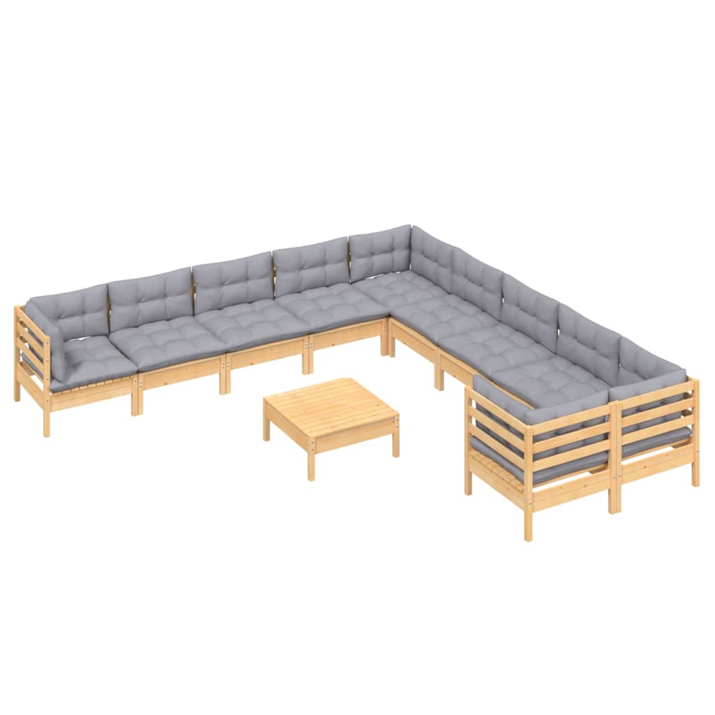 Set Divani da Giardino 11 pz con Cuscini Grigi Massello di Pino