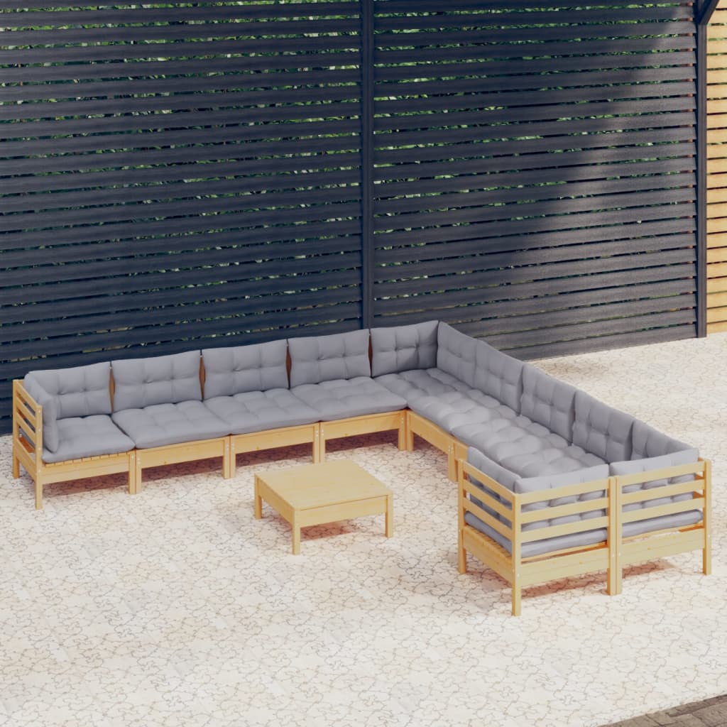 Set Divani da Giardino 11 pz con Cuscini Grigi Massello di Pino