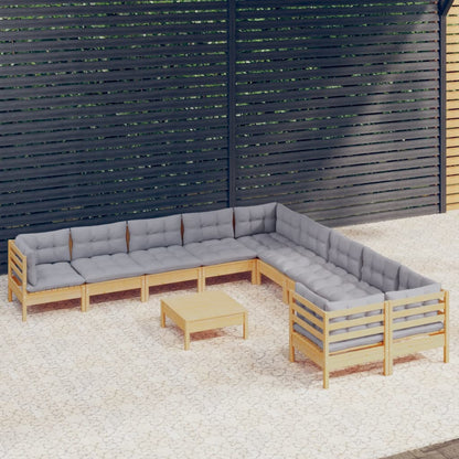 Set Divani da Giardino 11 pz con Cuscini Grigi Massello di Pino