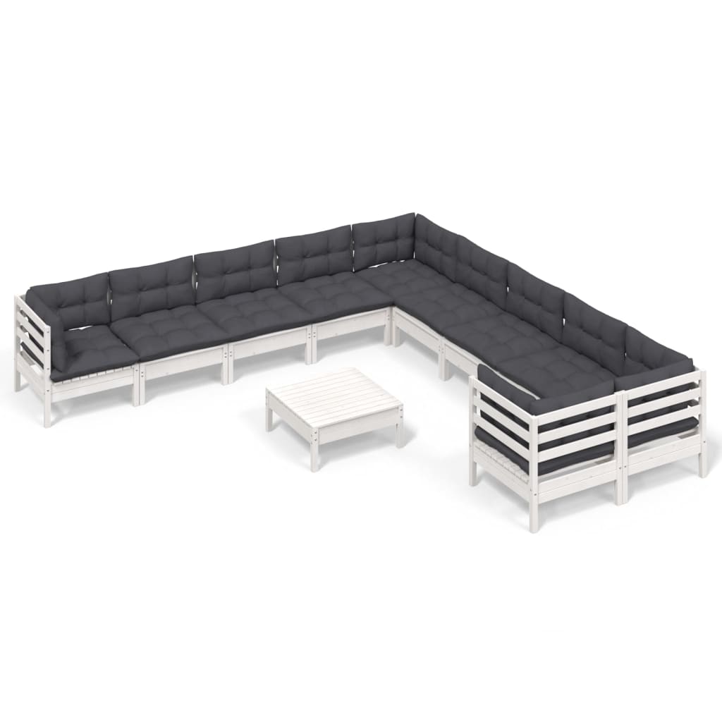 Set Divani da Giardino 11 pz con Cuscini Bianchi Legno di Pino