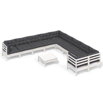 Set Divani da Giardino 11 pz con Cuscini Bianchi Legno di Pino