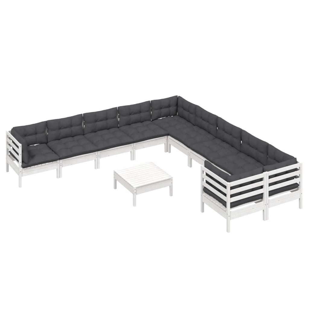 Set Divani da Giardino 11 pz con Cuscini Bianchi Legno di Pino
