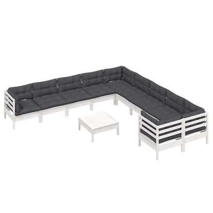 Set Divani da Giardino 11 pz con Cuscini Bianchi Legno di Pino