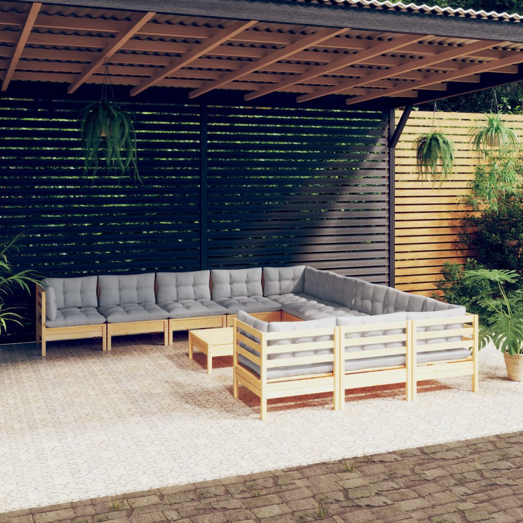 Set Divani da Giardino 12 pz con Cuscini Grigi Massello di Pino