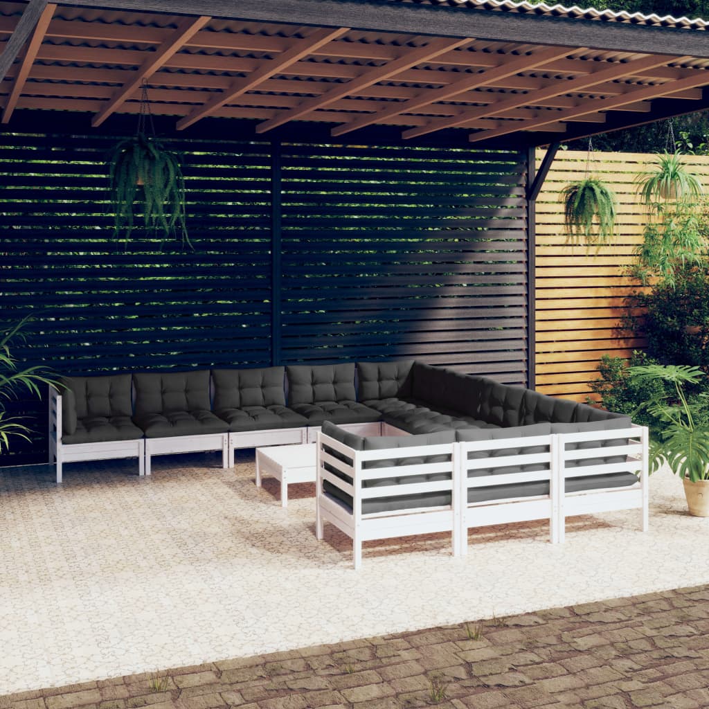 Set Divani da Giardino 12 pz con Cuscini Legno di Pino Bianco