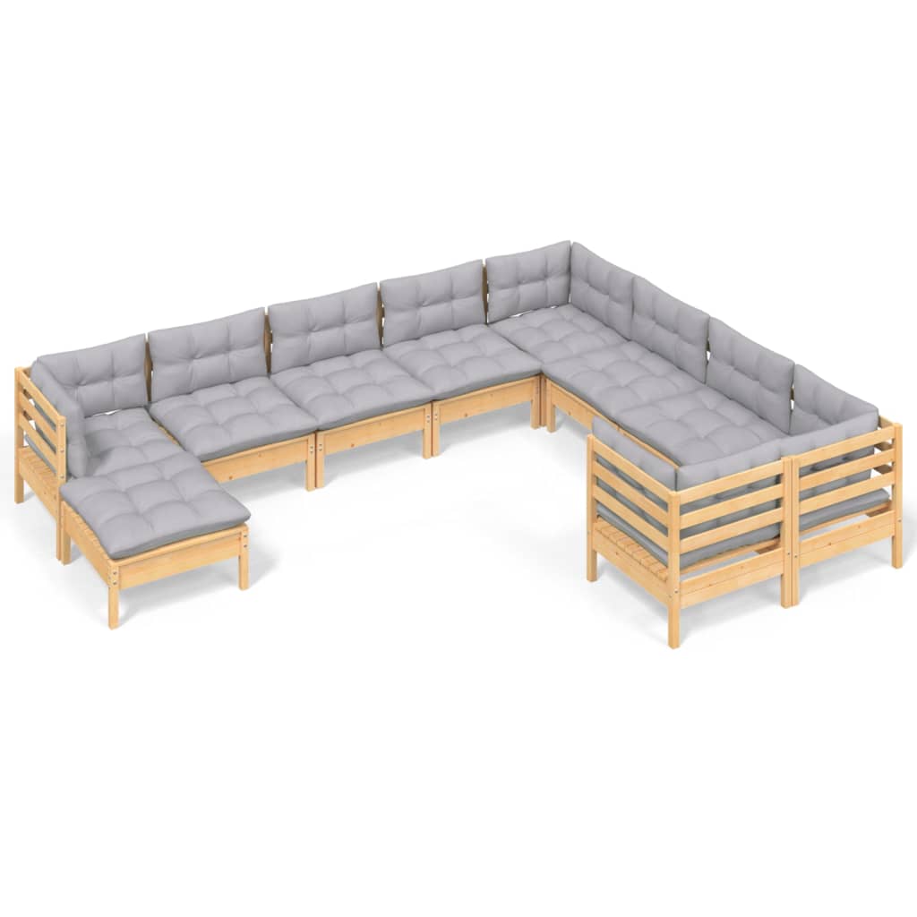 Set Divani da Giardino 10 pz con Cuscini Grigi Massello di Pino