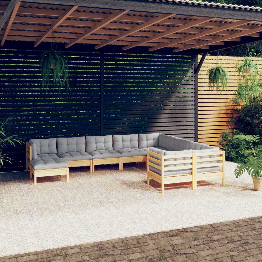Set Divani da Giardino 10 pz con Cuscini Grigi Massello di Pino