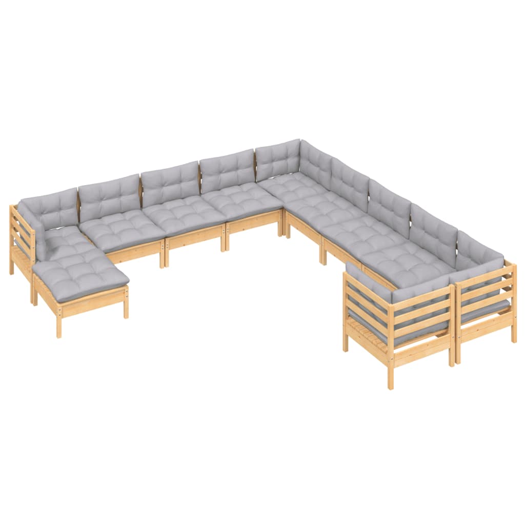 Set Divani da Giardino 11 pz con Cuscini Grigi Massello di Pino