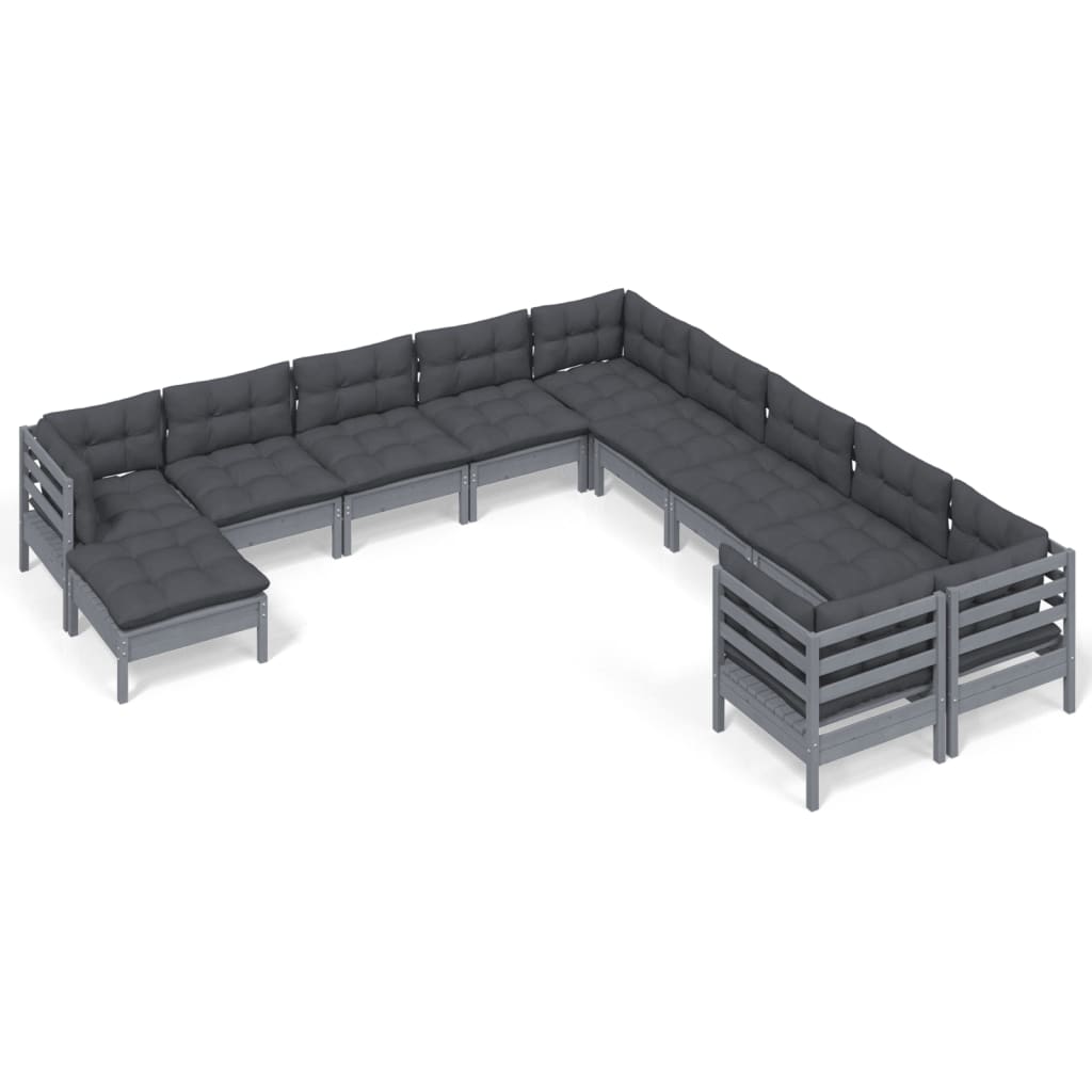 Set Divani da Giardino 11pz con Cuscini Massello di Pino Grigio
