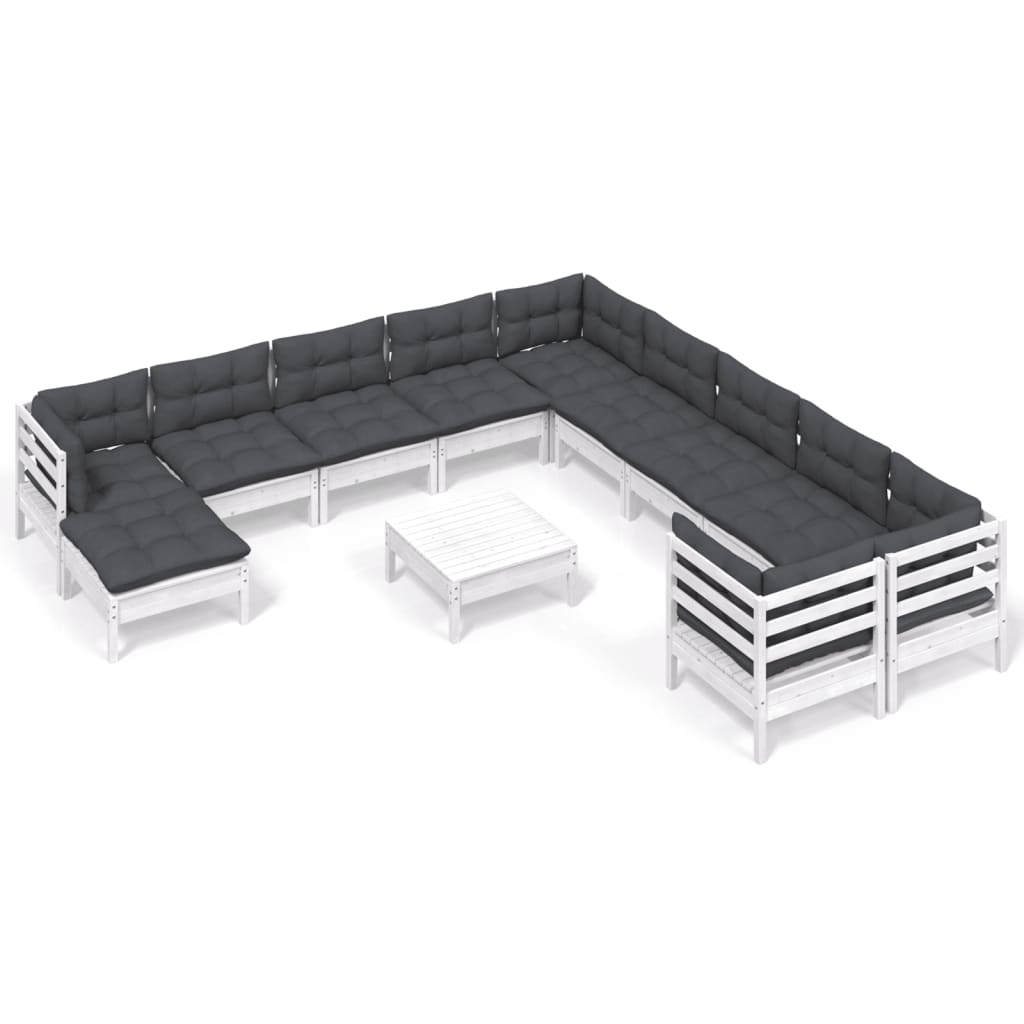 Set Divani da Giardino 12 pz con Cuscini Legno di Pino Bianco