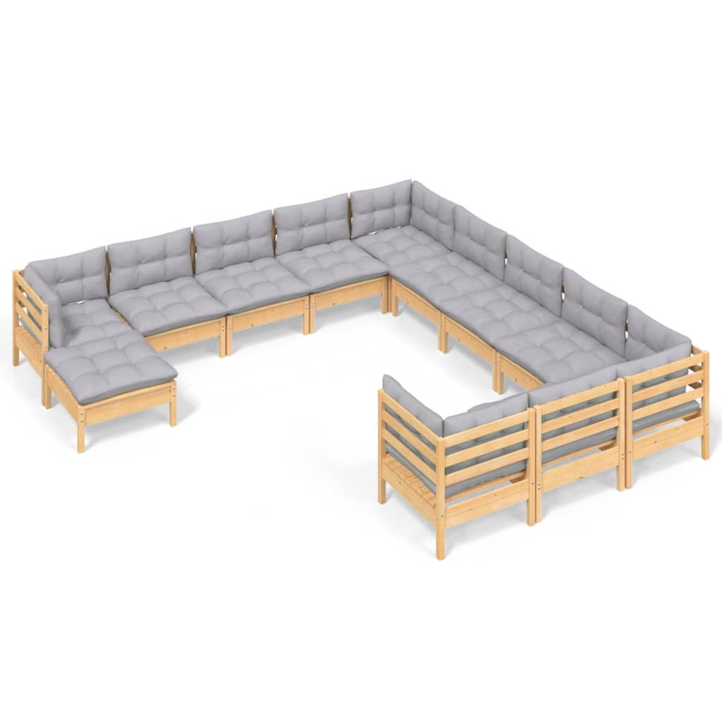 Set Divani da Giardino 12 pz con Cuscini Grigi Massello di Pino