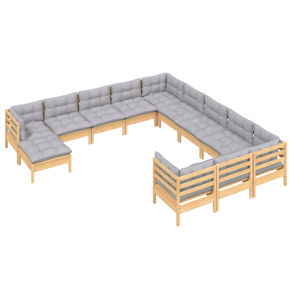 Set Divani da Giardino 12 pz con Cuscini Grigi Massello di Pino