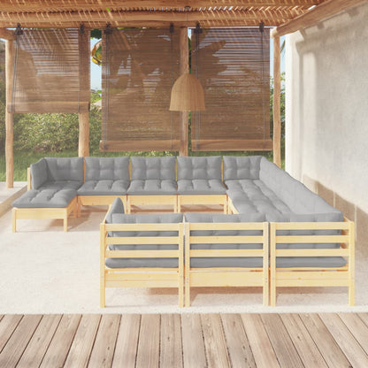 Set Divani da Giardino 12 pz con Cuscini Grigi Massello di Pino