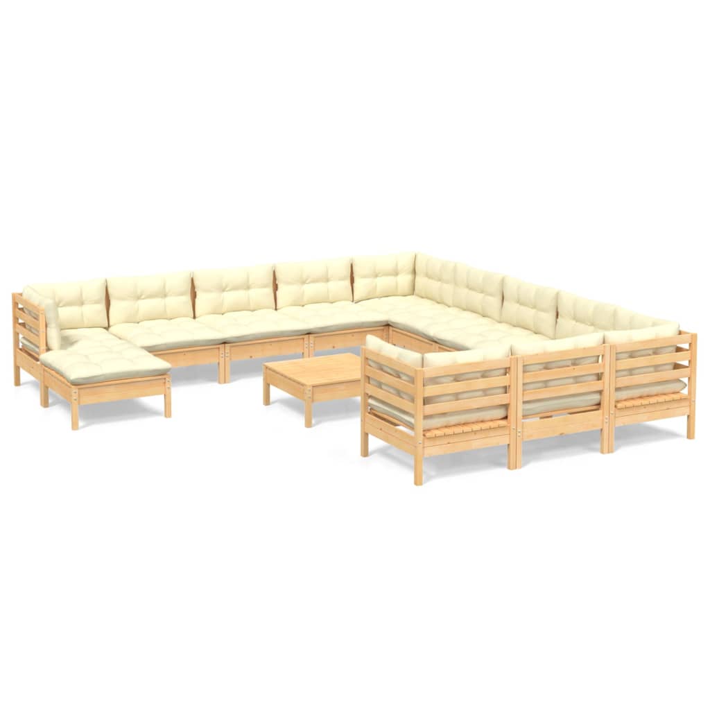 Set Salotto da Giardino 13pz con Cuscini Crema in Legno di Pino