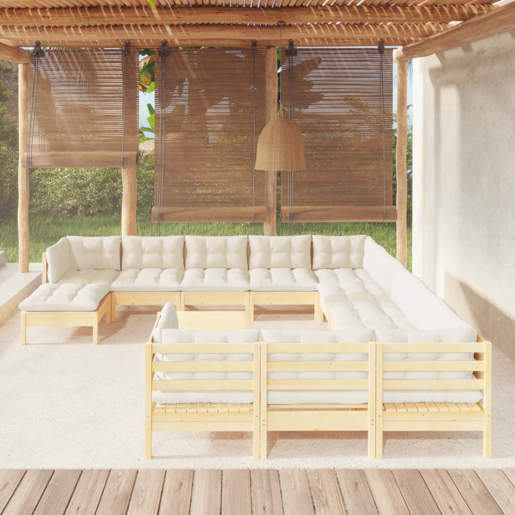 Set Salotto da Giardino 13pz con Cuscini Crema in Legno di Pino
