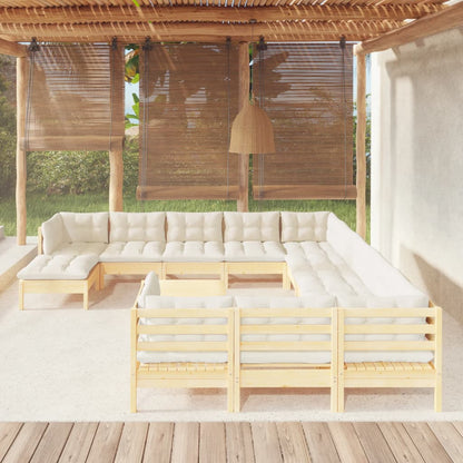 Set Salotto da Giardino 13pz con Cuscini Crema in Legno di Pino