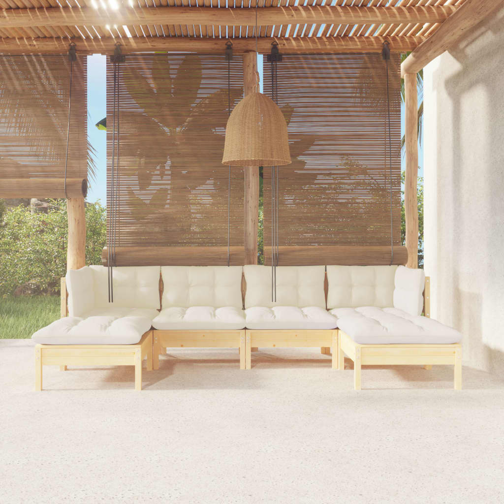 Set Salotto da Giardino 6 pz con Cuscini Crema Legno di Pino