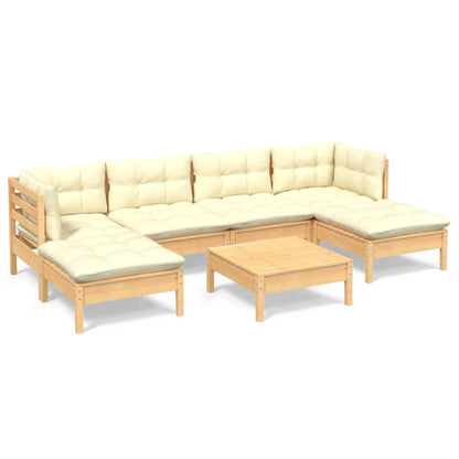 Set Salotto da Giardino 7pz con Cuscini Crema in Legno di Pino