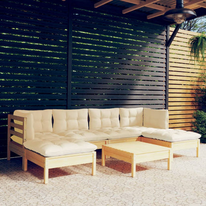 Set Salotto da Giardino 7pz con Cuscini Crema in Legno di Pino
