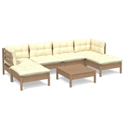 Set Salotto Giardino 7pz con Cuscini Marrone Ambra Legno Pino