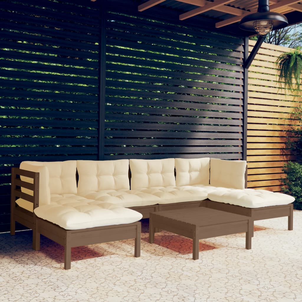 Set Salotto Giardino 7pz con Cuscini Marrone Ambra Legno Pino