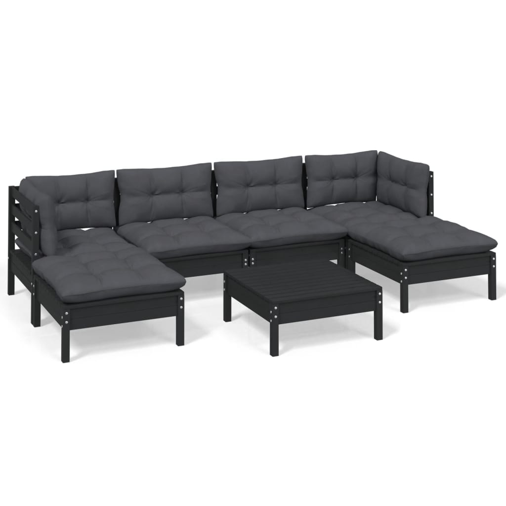 Set Divani da Giardino 7 pz con Cuscini Neri in Legno di Pino