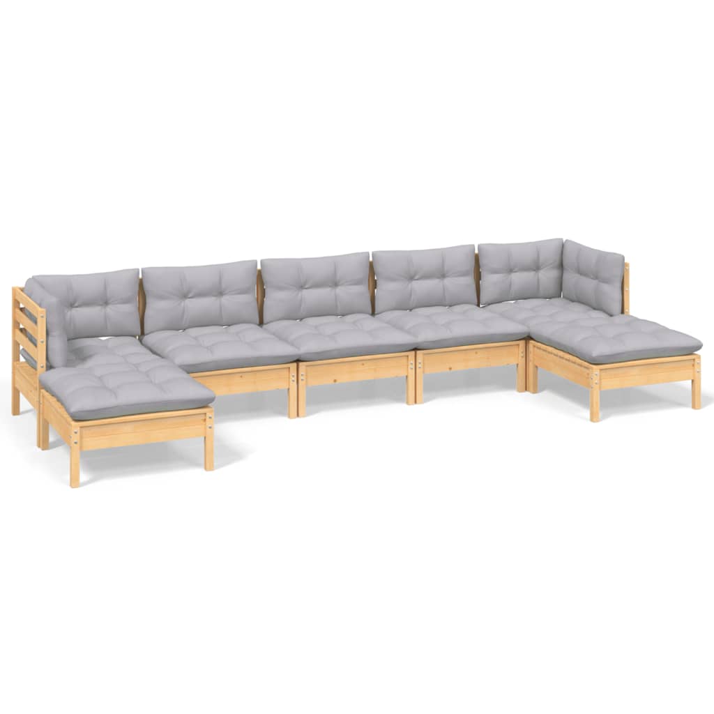 Set Divani da Giardino 7 pz con Cuscini Grigi Massello di Pino