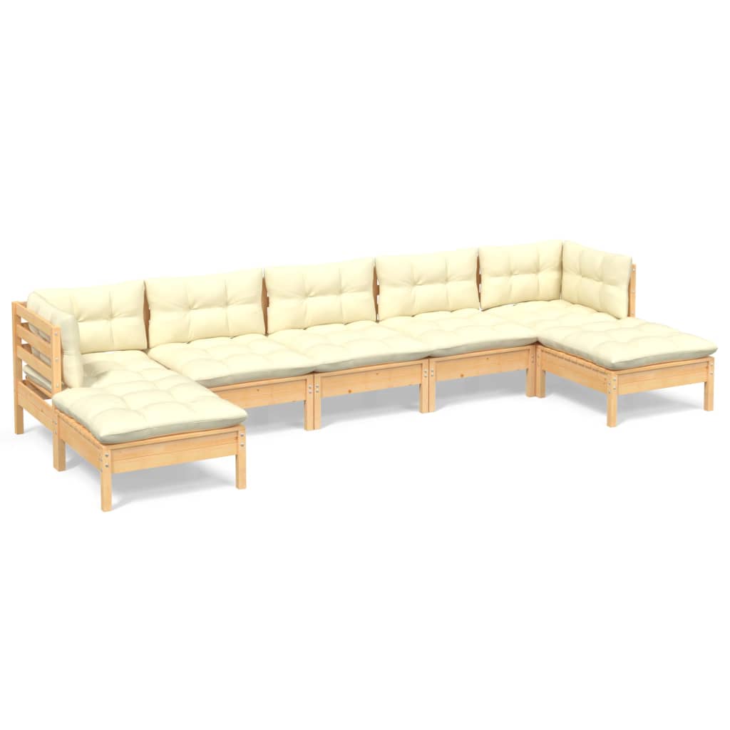 Set Salotto da Giardino 7pz con Cuscini Crema in Legno di Pino