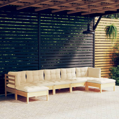 Set Salotto da Giardino 7pz con Cuscini Crema in Legno di Pino