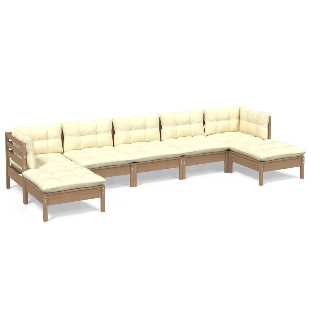 Set Salotto Giardino 7pz con Cuscini Marrone Ambra Legno Pino