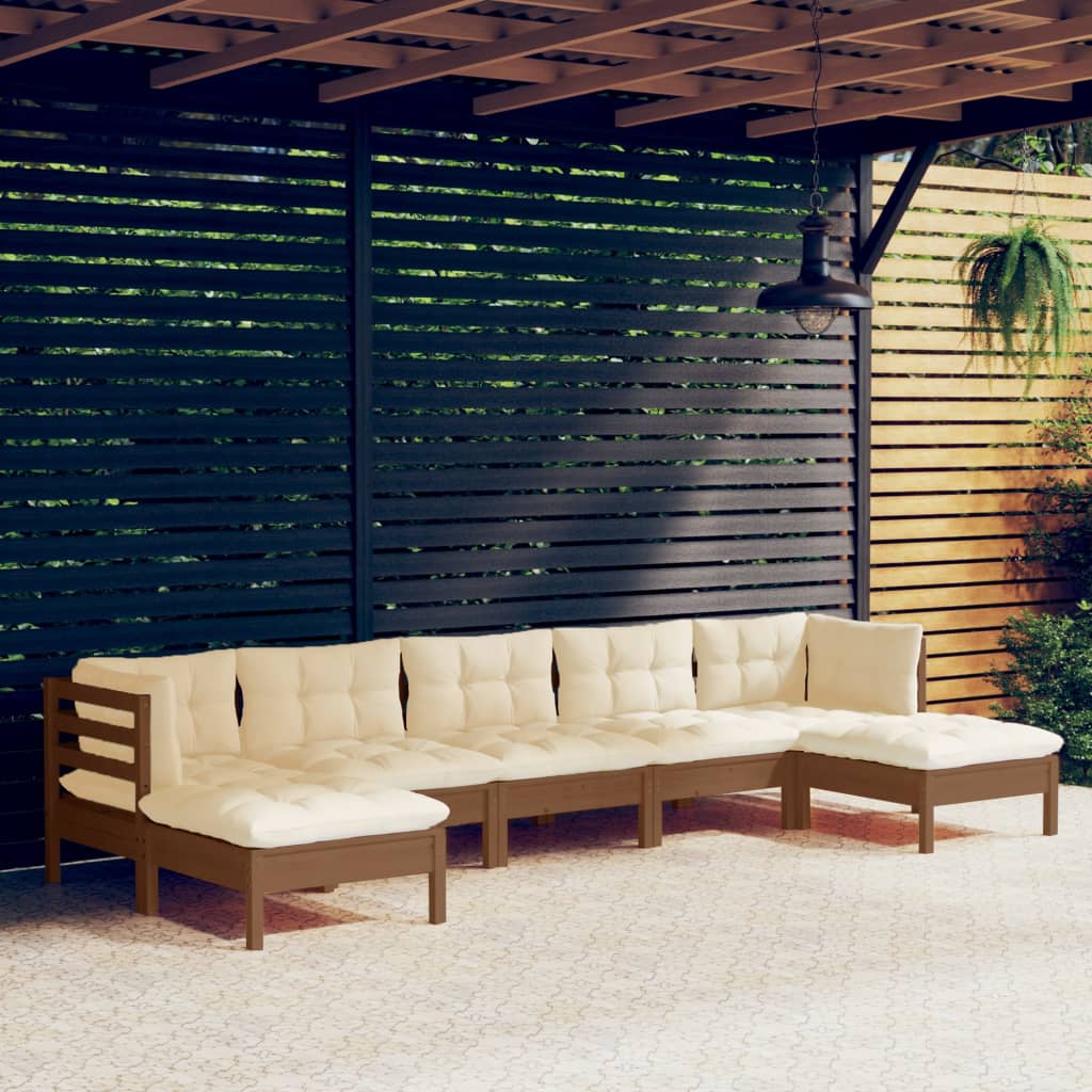 Set Salotto Giardino 7pz con Cuscini Marrone Ambra Legno Pino